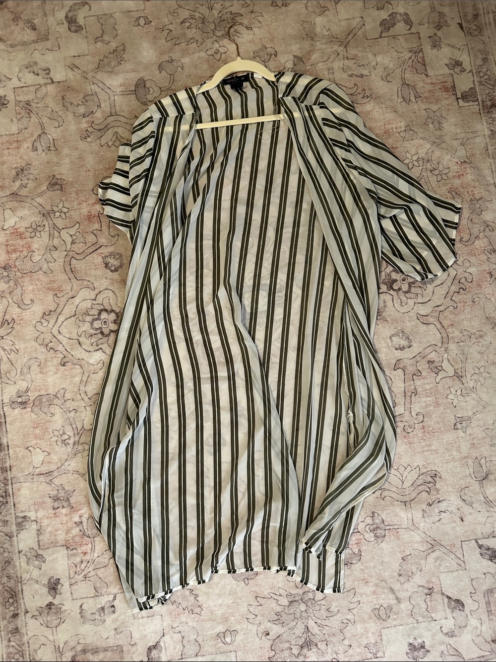 Women's Open-Front Striped Tunic Kimono - Olive and White